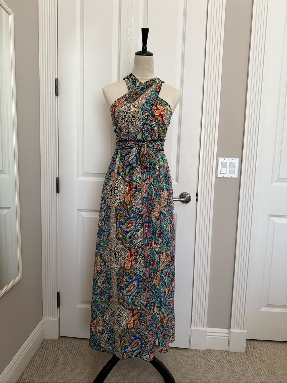 Paisley Print Halter Maxi Dress - Teal Multi
